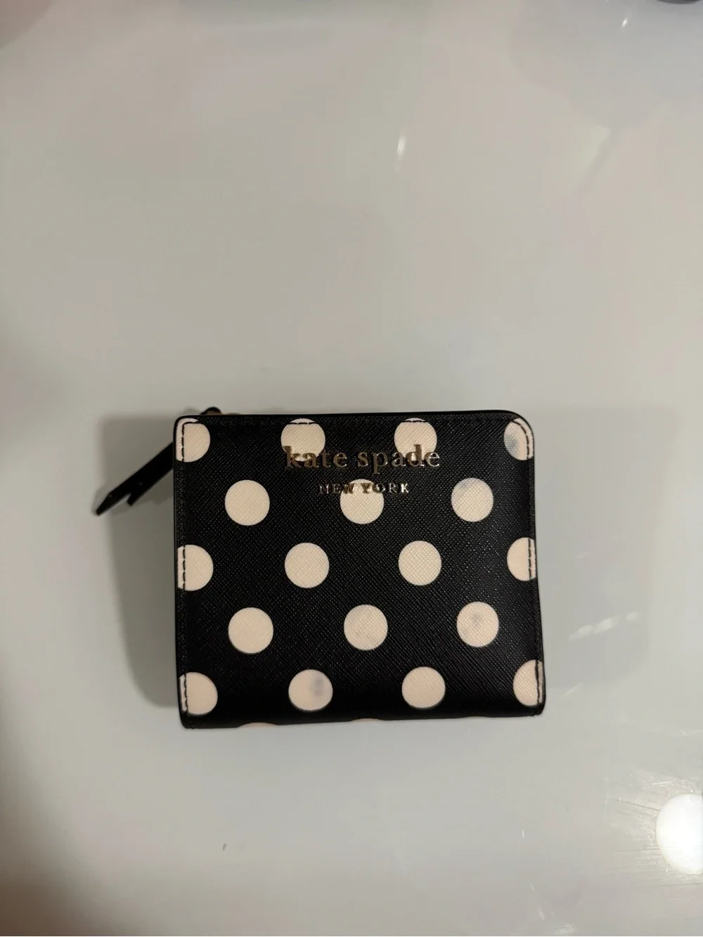 Kate Spade Black with White Polka Dot Bifold Wallet (with Zipped Change Section)